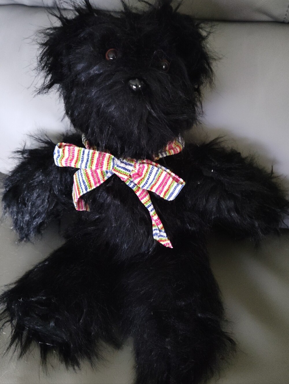Black Plush Teddy Bear with Striped Bow -handsewn